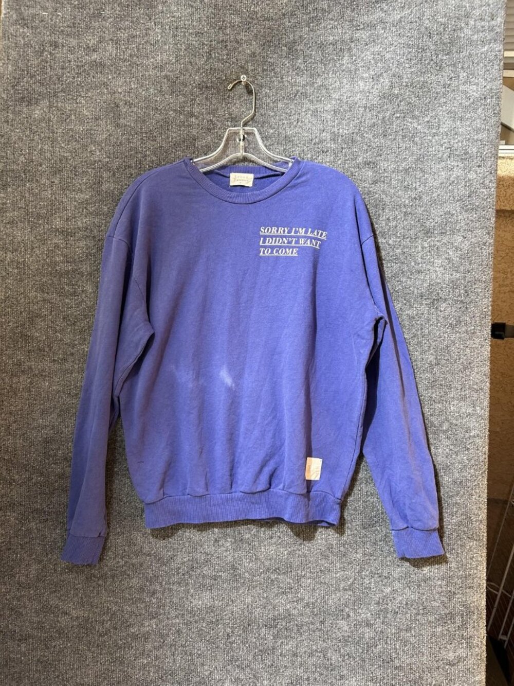 Urban Nation Sweatshirt Mens Large Purple Sorry I'm Late Graphic Fleece Crewneck